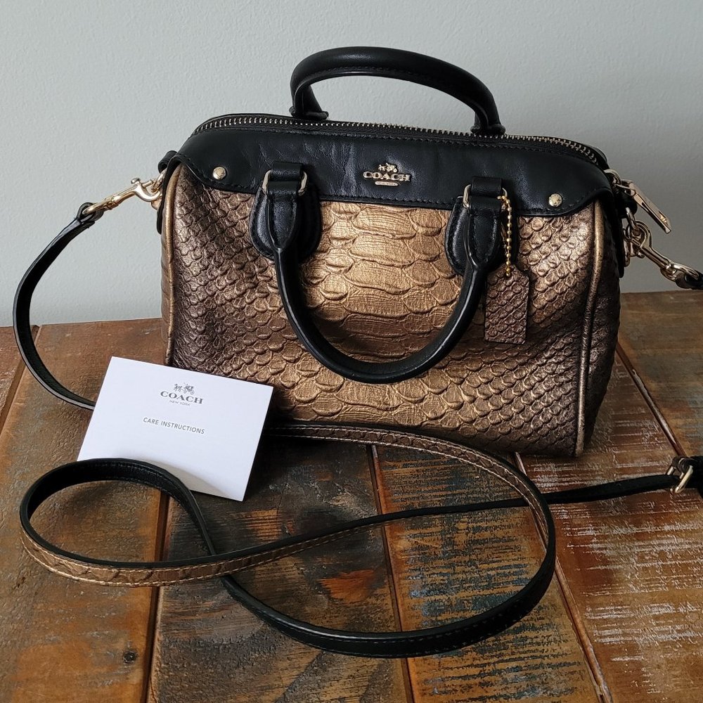 Small Coach Snake Print Metallic Leather Satchel